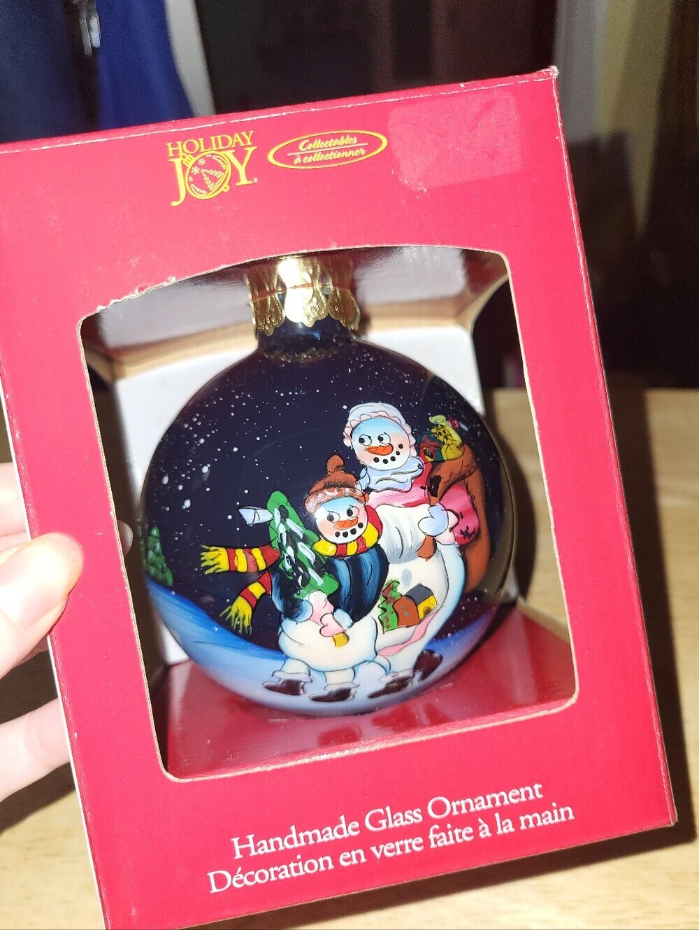 Vintage Zellers Holiday Joy Reverse Painted Glass Ornament Snowmen